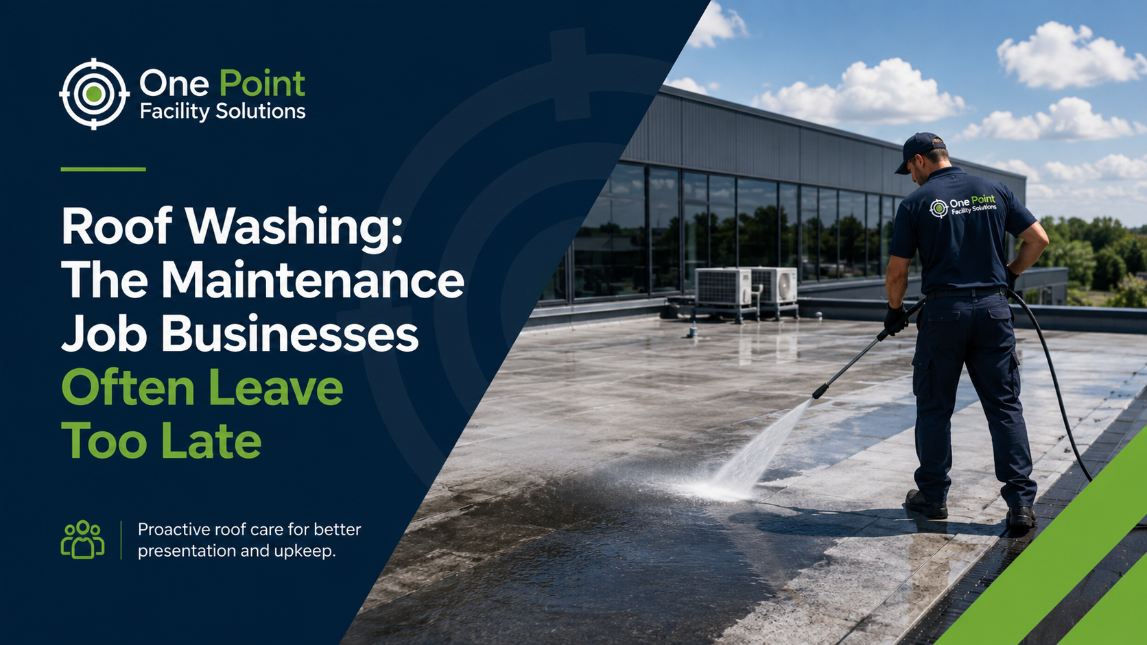 Technician washing the flat roof of a commercial building