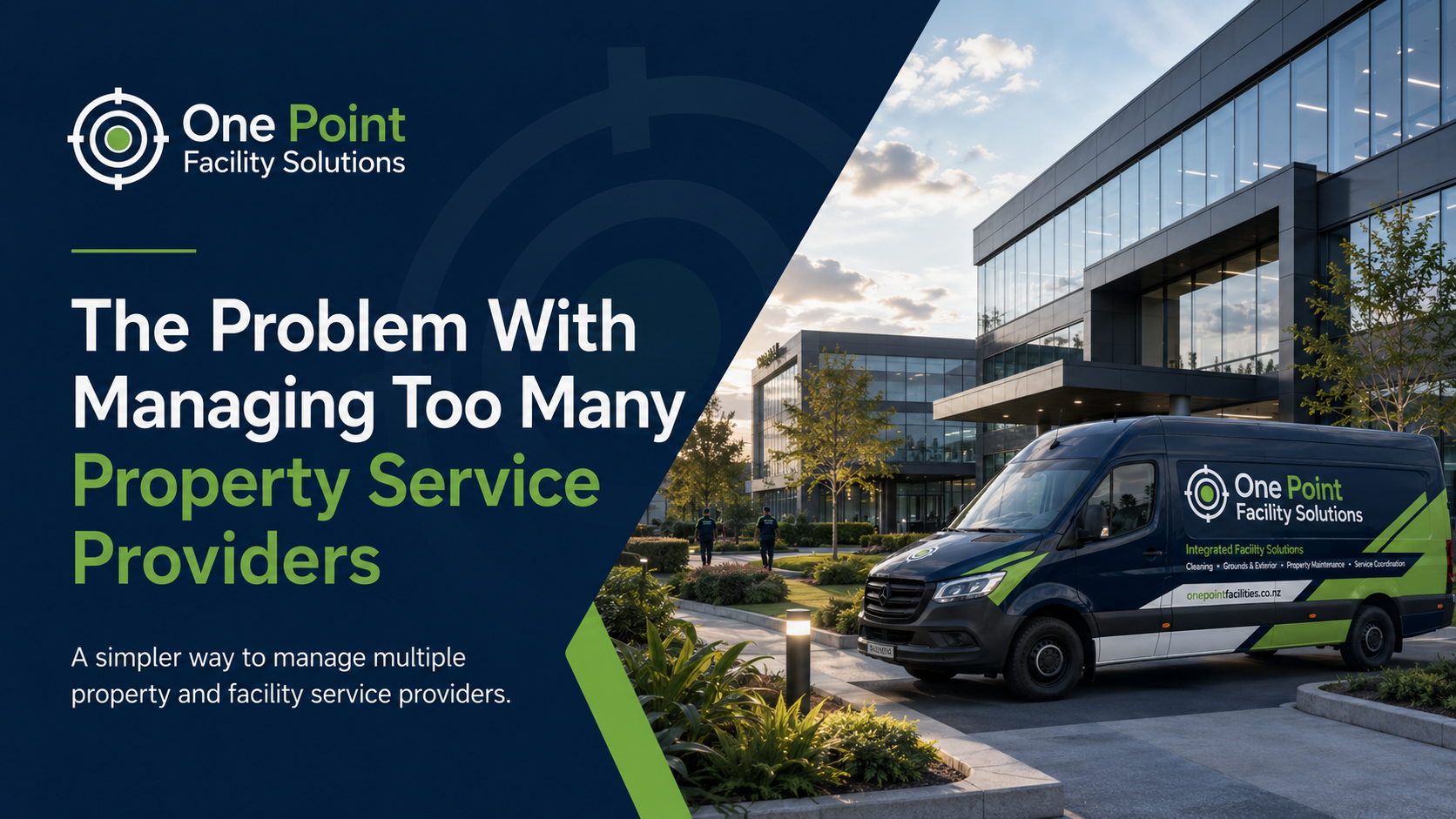 One Point Facility Solutions van outside a modern commercial building